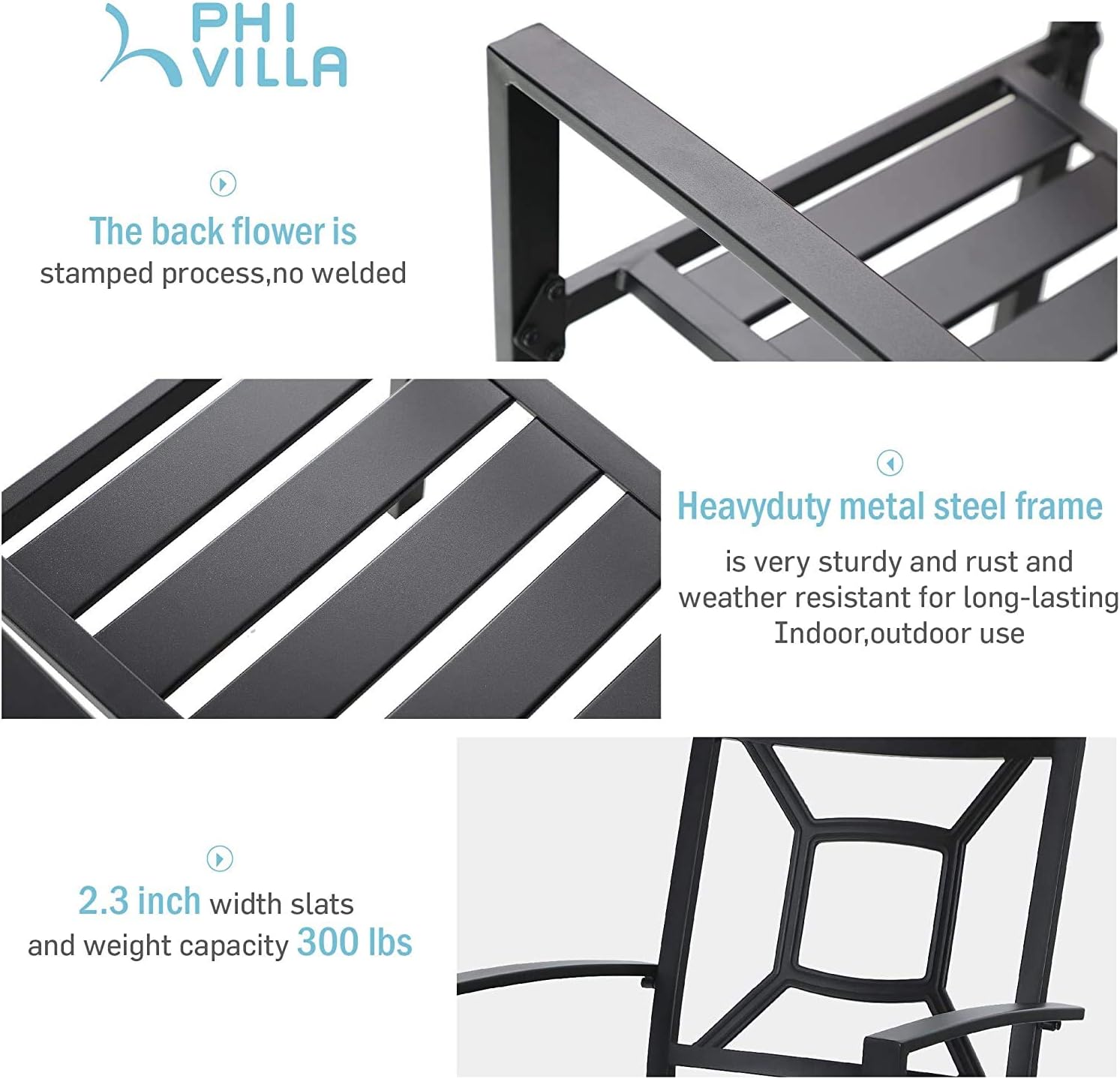 PHI VILLA Patio Metal Dining Chair Set of 2, Stackable Steel Arm Chairs for Outdoor, Deck, Yard - Black