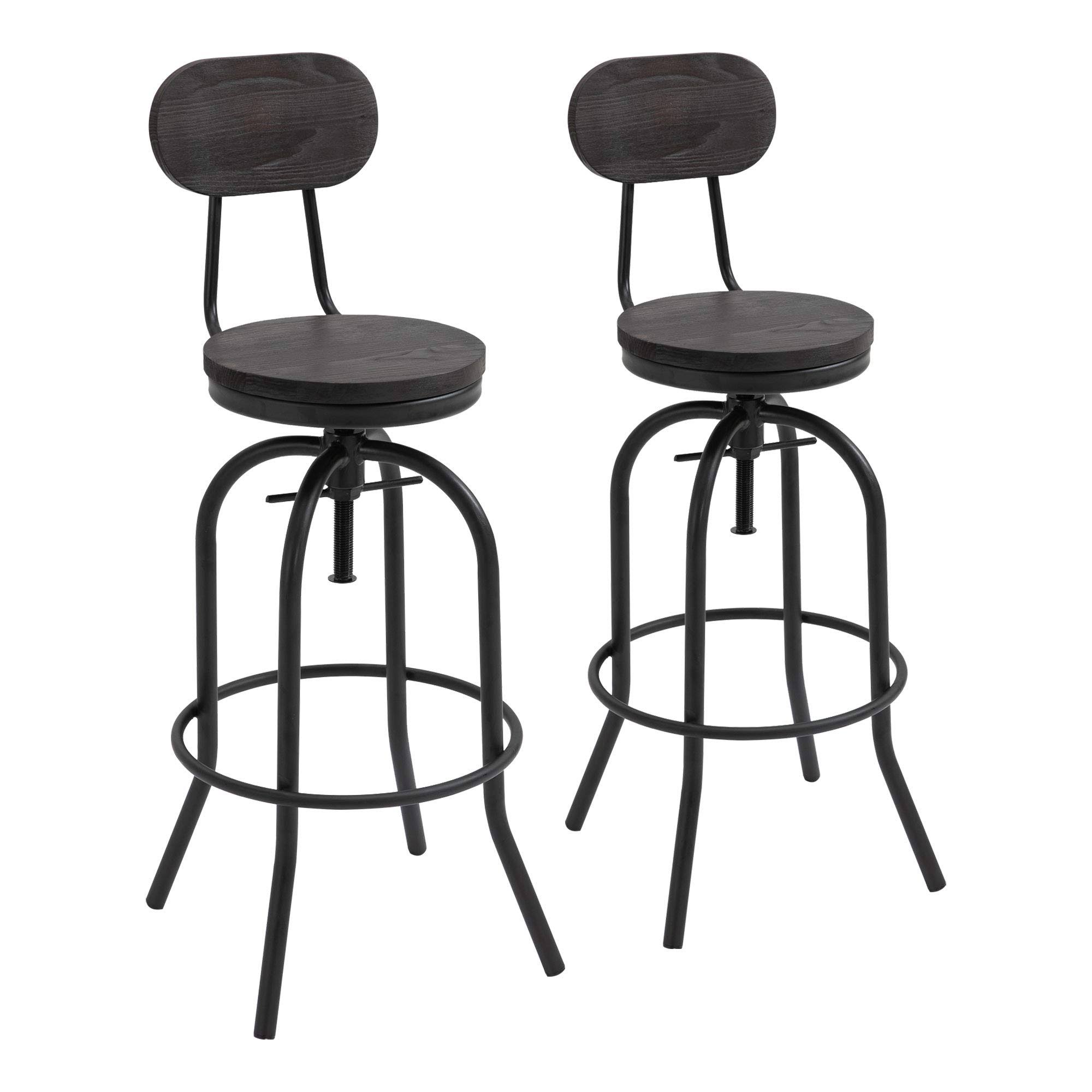 HOMCOM Set of 2 Retro Industrial Elm Wood Mid-Back Barstools with Adjustable Height and Swivel SEAT, Dark Brown and Black