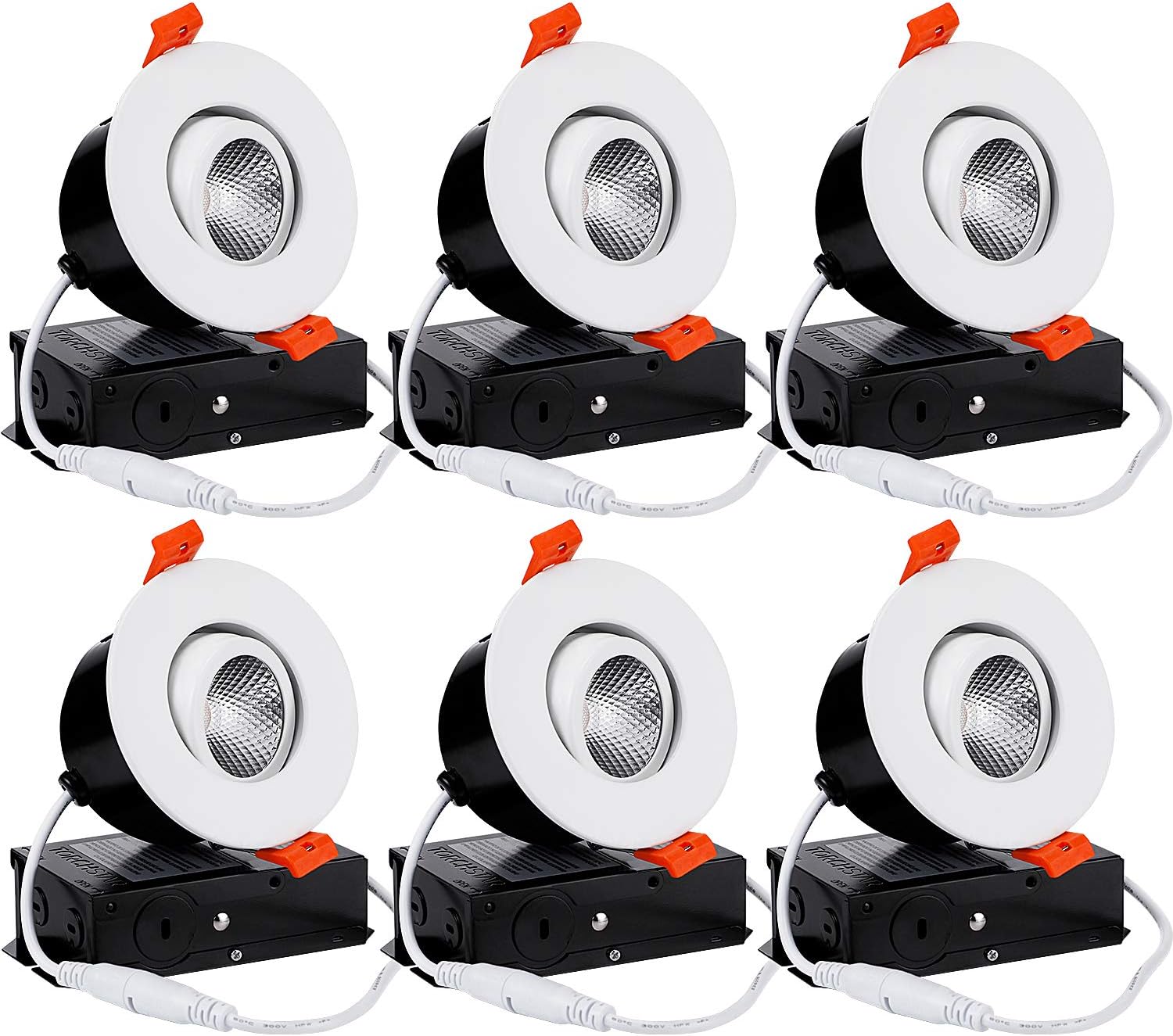 TORCHSTAR E-Star Series 3 Inch Gimbal LED Recessed Lights with Junction Box, 7W (50W Eqv.) Dimmable, Airtight, CRI 90+, ETL/Energy Star/JA8/Title 24, 4000K Cool White, White, Pack of 6
