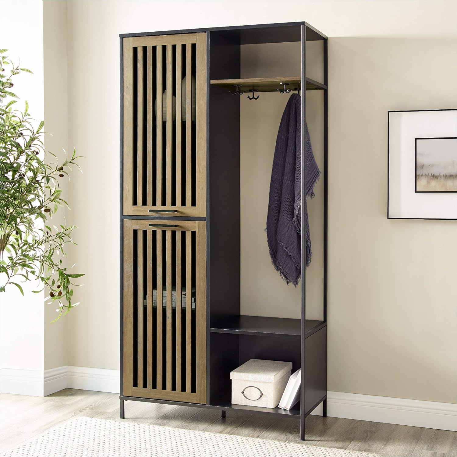 Walker Edison Slat Cabinet Door Metal and Wood Hall Tree Coat Rack with Open Storage, 72, Dark Walnut