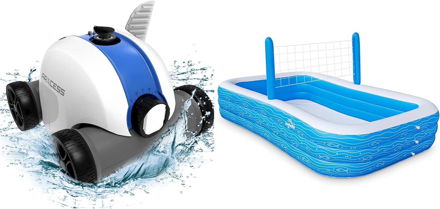 Paxcess Cordless Robotic Pool Cleaner, Automatic Pool Robot Vacuum & Kiddie Swimming Pool, Family Inflatable Pool, 118