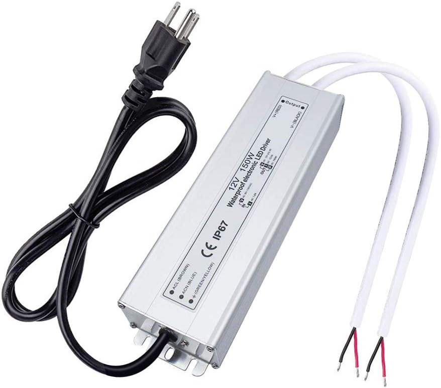 inShareplus LED Power Supply, 12V 150W IP67 Waterproof Outdoor Driver,AC 90-265V to DC 12V 12.5A Low Voltage Transformer, Adapter with 3-Prong Plug for LED Light, Computer Project, Outdoor Use