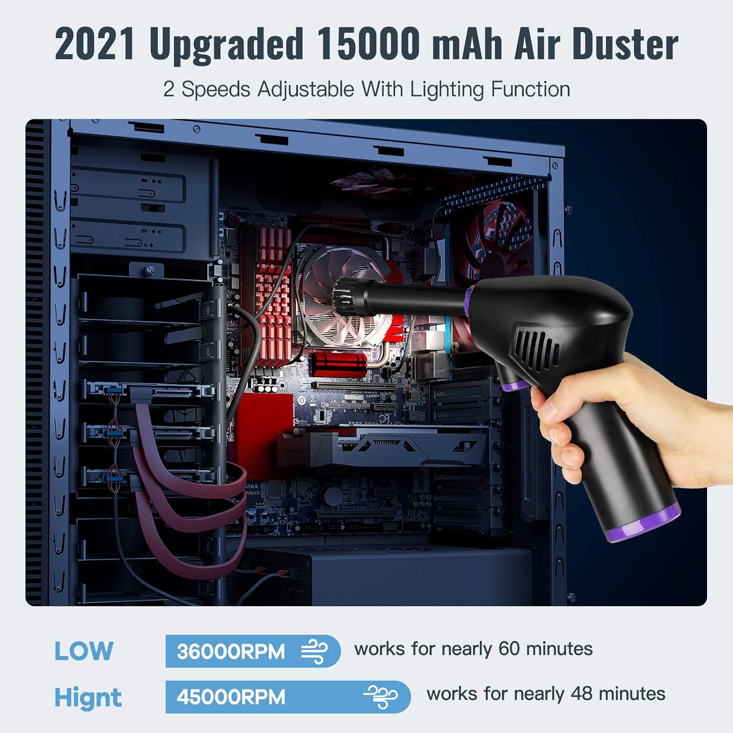 Air Duster, Merkmak Electric Cordless Air Duster for Computer Cleaning, Rechargeable 15000mAH Battery, Powerful 45000 RPM, Replaces Compressed Air Can, Handy and Efficient Cleaner with LED Light