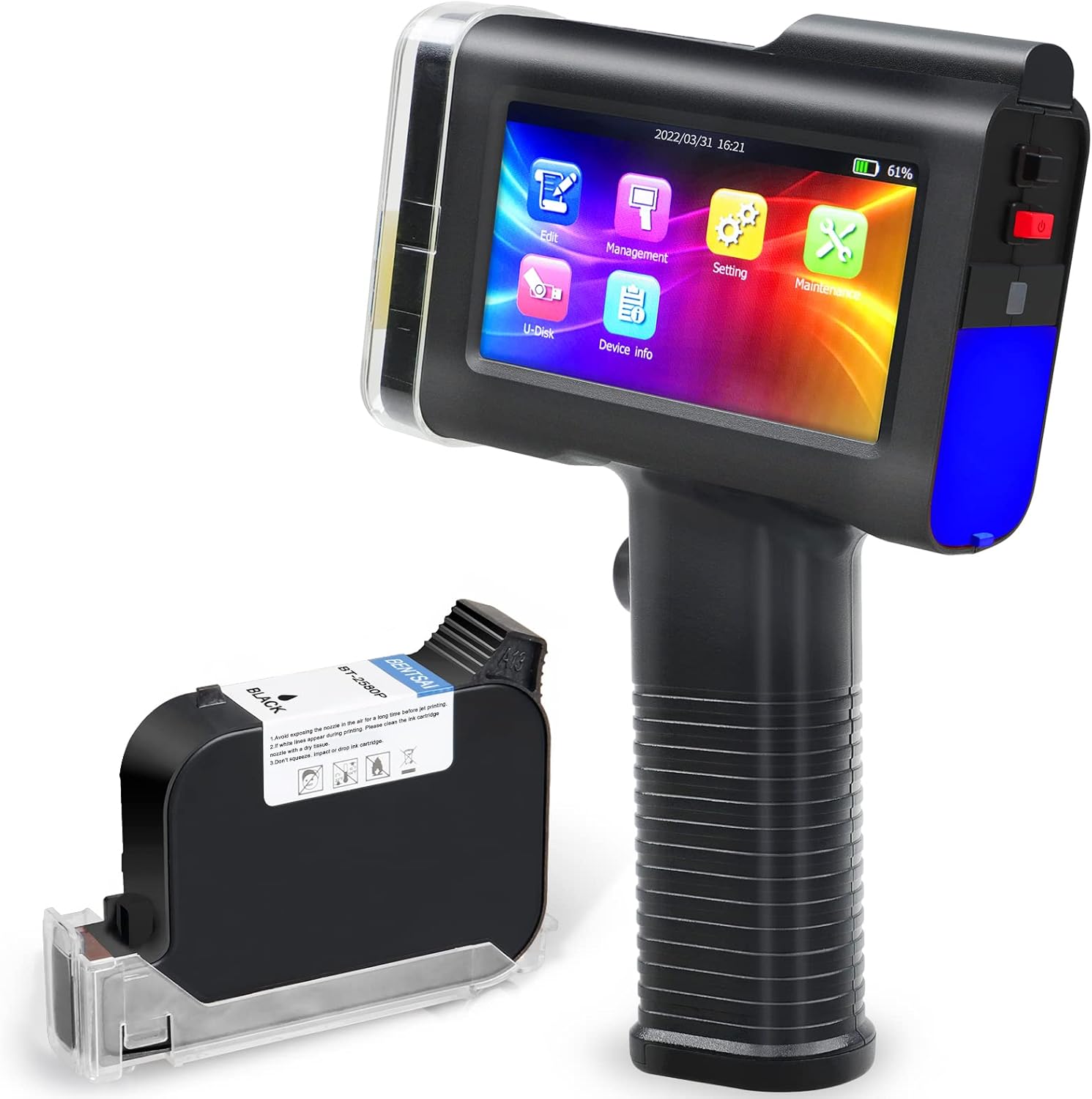 BENTSAI BT-HH6105B2 Handheld Inkjet Printer BT-HH6105B2 with 4.3 Inch HD LED Touch Screen Portable Coding Machine for Logo Barcode Label Series Number Production Date (Blue)