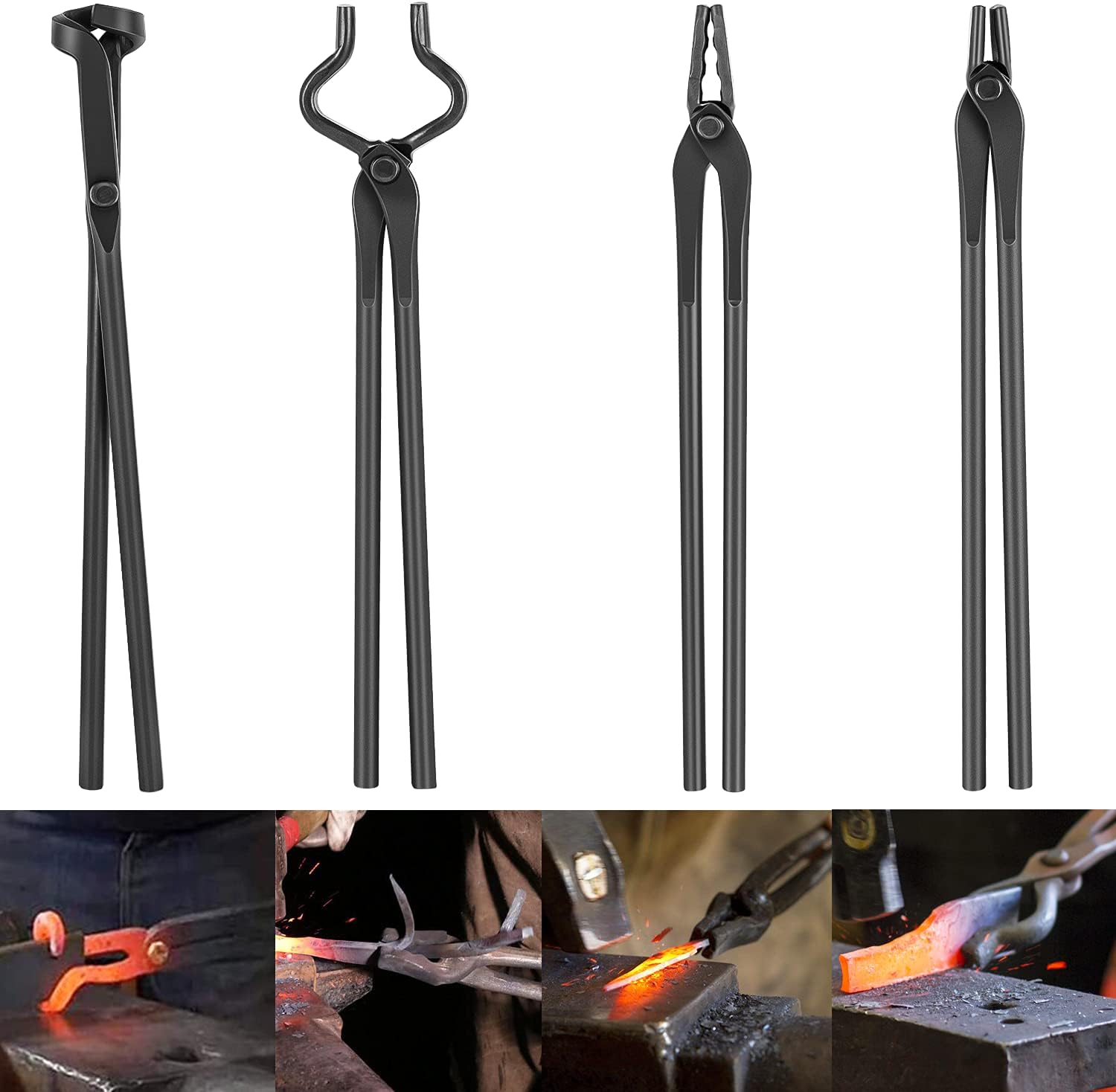 Blacksmith Tongs Set for Blacksmith Bladesmith Knife Making Tongs Includes V Bit Tongs, Flat Jaw Tongs, Wolf Jaw Tongs & Blade Tongs (4 tongs)
