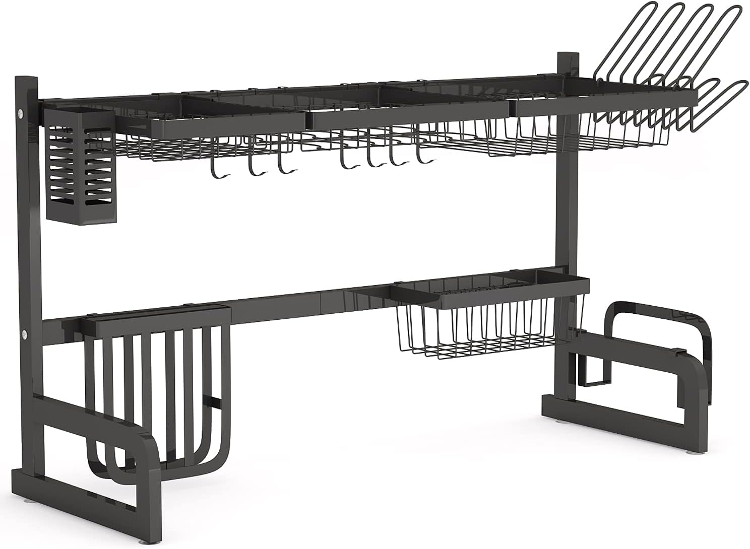 Over The Sink Dish Drying Rack - 1Easylife Adjustable 2-Tier Large Dish Dryer Rack for Kitchen Organizer Storage Space Saver Shelf Utensils Holder with 7 Utility Hook Tableware Drainer (Silver)