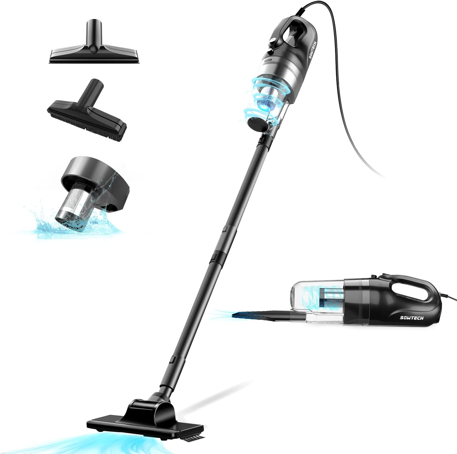 SOWTECH Stick Vacuum Cleaner, Multifunctional 6 in 1 Vaccum Cyclonic Suction System, 17000Pa Powerful Suction with 32Ft Cord, Handheld Corded Stick Vacuum for Home, Hard Floor, Pet Hair, Black