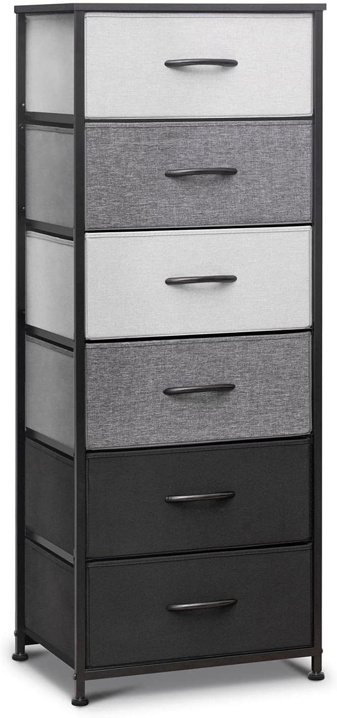 6 Drawers Vertical Storage Tower- Fabric Dresser, Sturdy Metal Frame, Fabric Storage Bins with Wooden Handle and Wooden Top, Organizer Unit for Bedroom/Closet/Hallway/Entryway, Black & Gray
