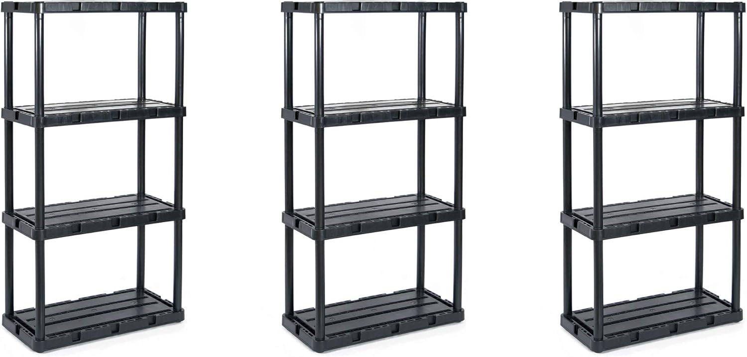 Gracious Living 91089-1C 24 x 12 x 33 Inch Knect A Shelf Fixed Height Light Duty Interlocking Home Storage 4 Shelf Shelving Unit, Black (3 Pack)