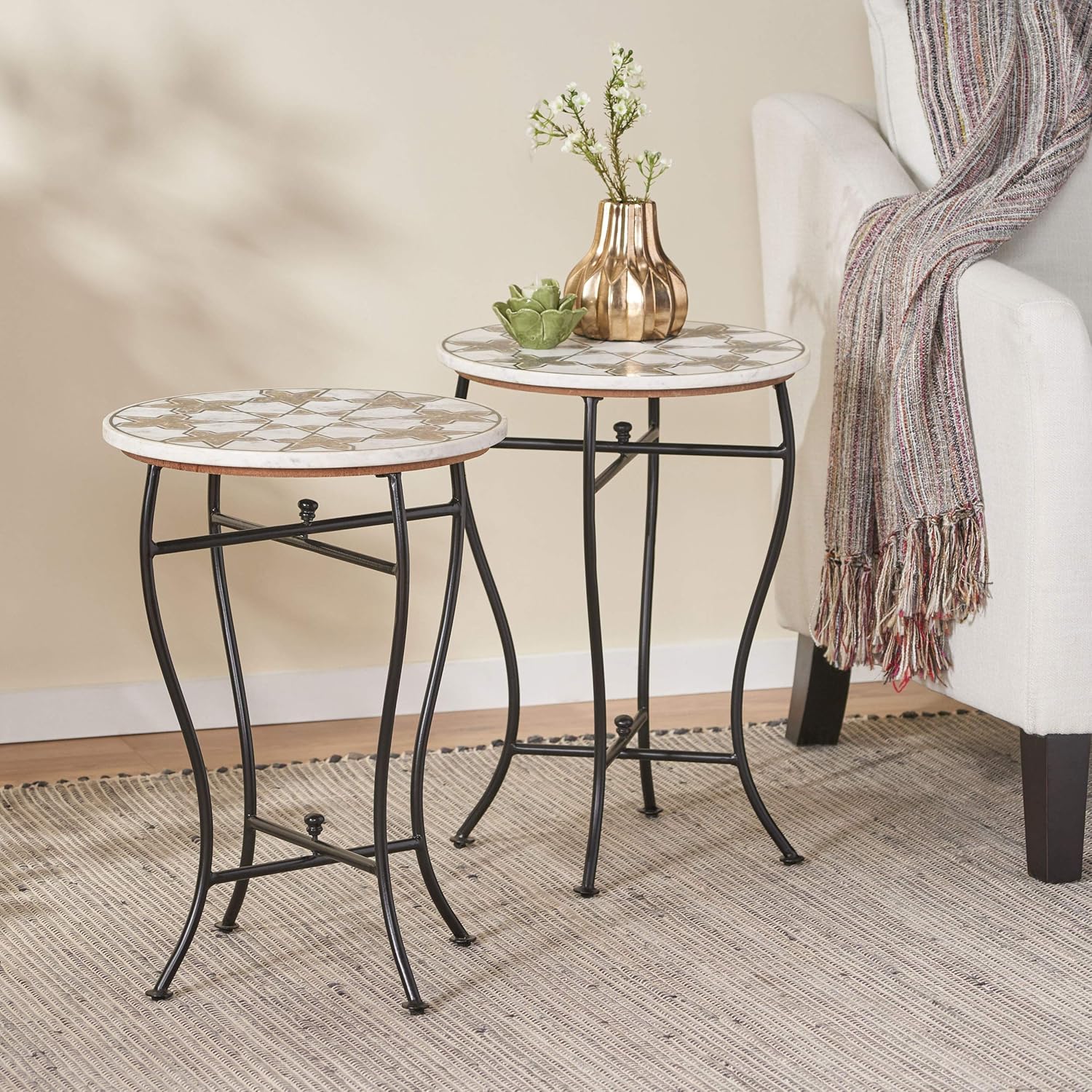 Christopher Knight Home Leander Handcrafted Boho Marble Mosaic End Table (Set of 2), White + Black