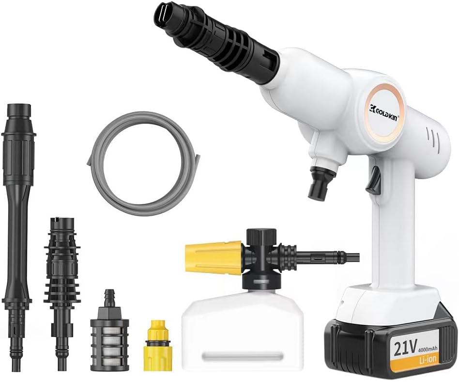 Pressure Washer, GOLDKIN 21V Cordless Power Cleaner Machine with Detachable Foam Pot, Electric Pressure Washer Portable, Battery and Charger Included