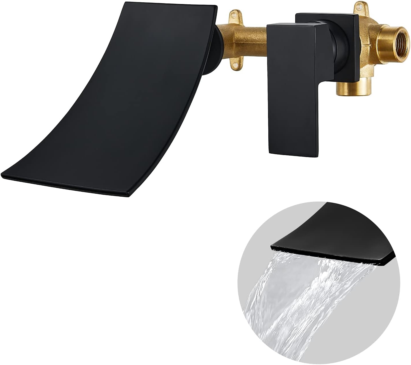 Airuida Wall Mount Bathroom Sink Faucet Bathtub Faucet Matte Black with Waterfall Tub Filler Spout Single Handle Bathroom Mixer Tap Brass Rough-in Valve Included