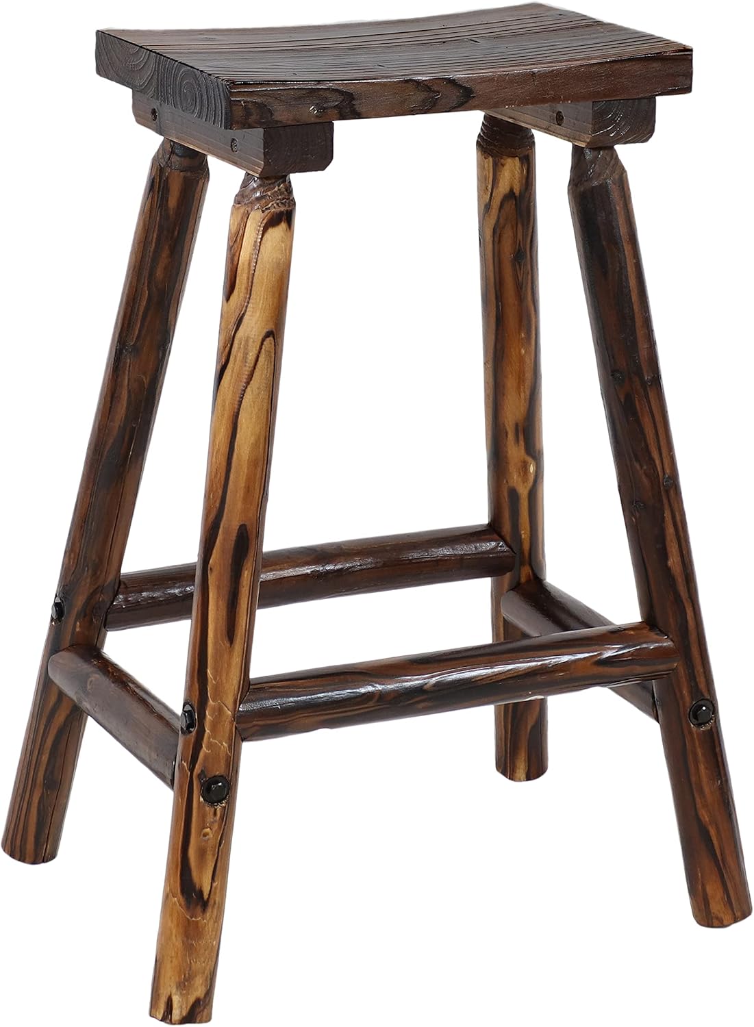 Sunnydaze Provincial Rustic Wood Bar Stool - Rustic Wooden Backless Saddle Stool - Fir Construction with Charred Finish and Clear Lacquer - Perfect for Kitchen, Bar or Patio - 28