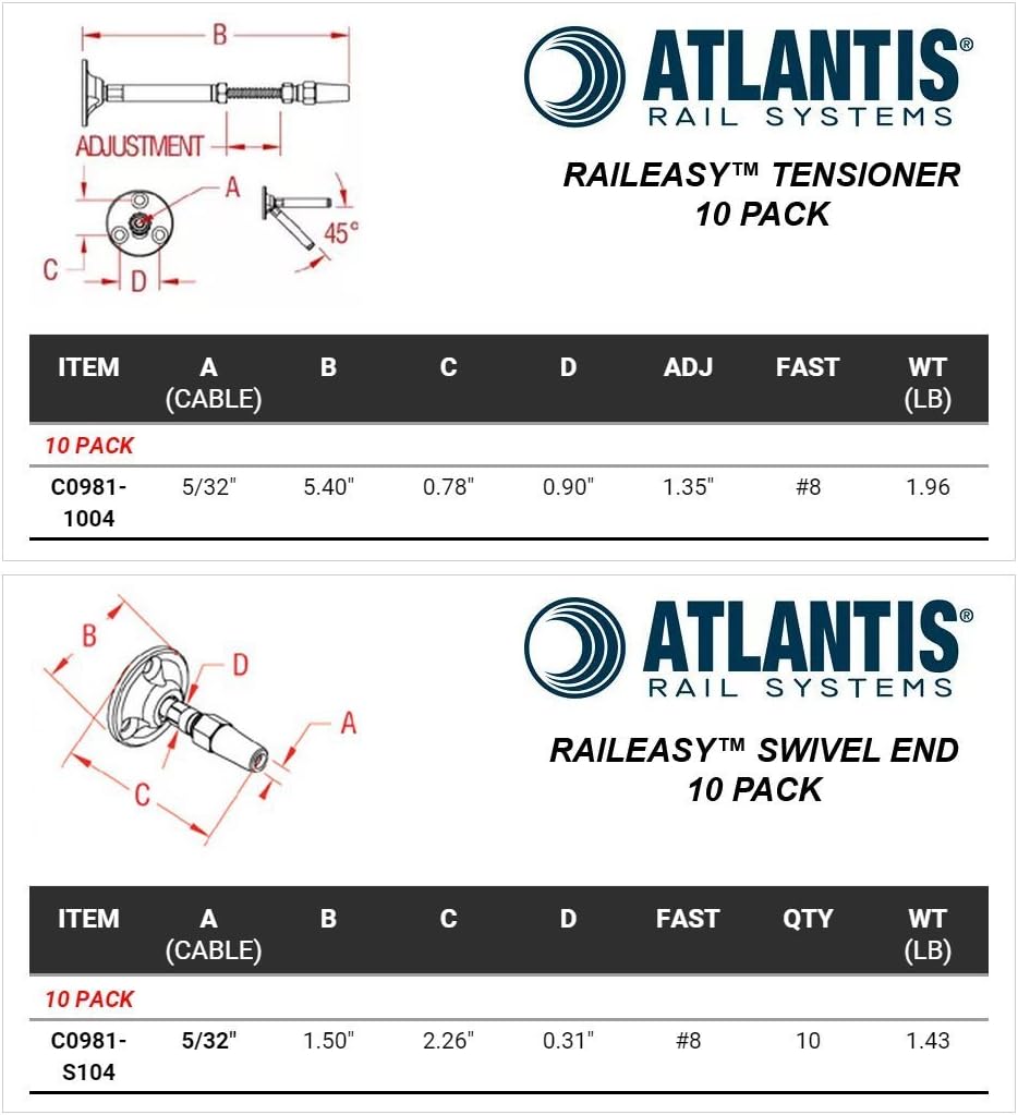 Atlantis Rail Easy System Swivel Terminating End / Turnbuckle (10 Pack) and Cable Tensioner-Flat (10 Pack) for Cable Railing