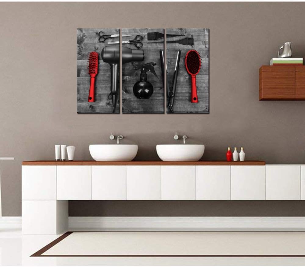 LevvArts - 3 Piece Modern Canvas Painting Barber Shop Wall Art Vintage Hair Cutting Tools on Wooden Board Picture Prints Black and Red Artwork for Home Salon Bathroom Living Room Wall Decor