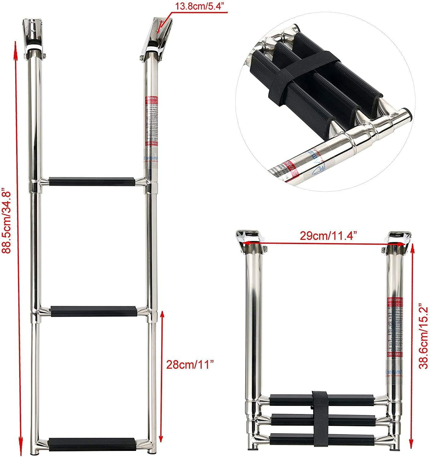 Amarine Made Boat Ladder, 3 Step Stainless Steel Telescoping Boat Ladder Swim Step Pack of 2