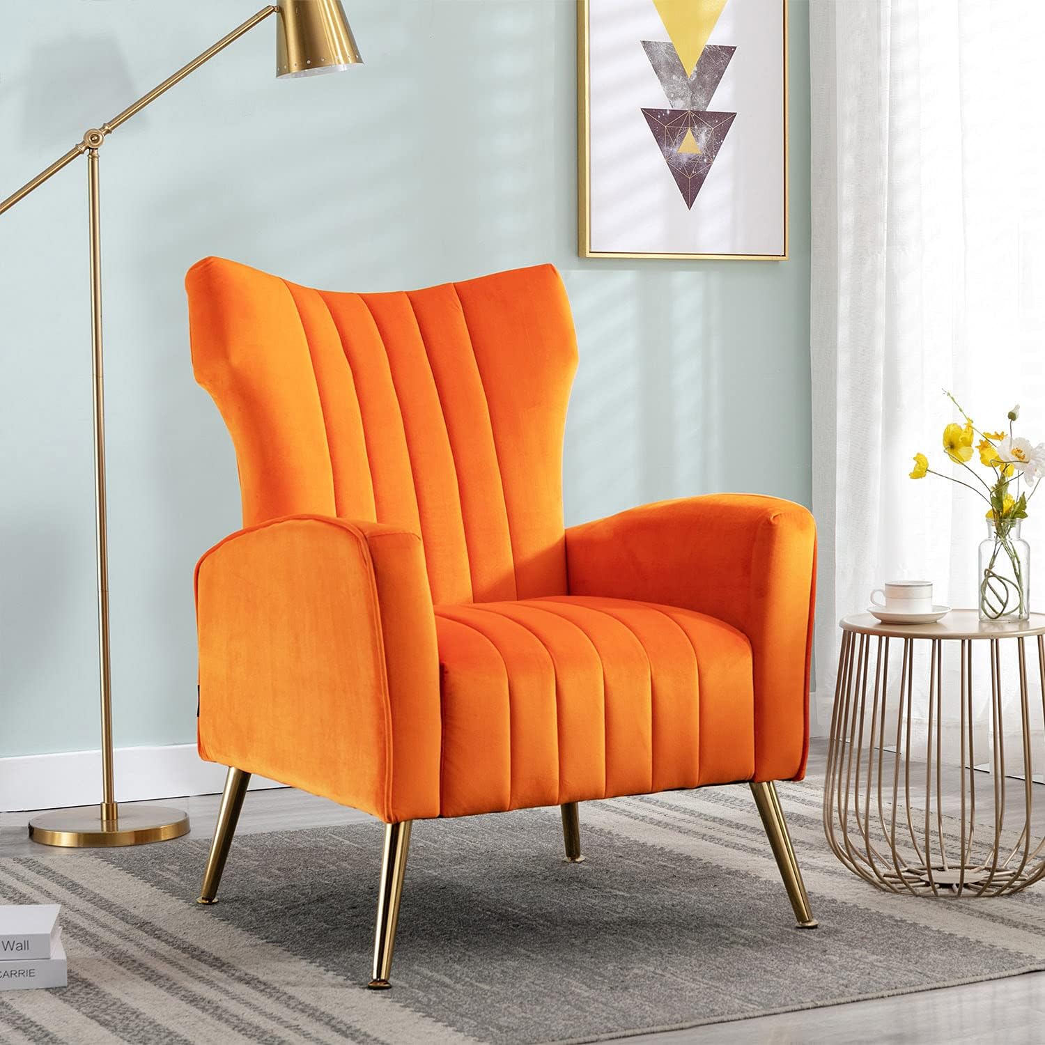 Altrobene Modern Velvet Couch Vanity Decor Wingback Loveseat Curved Tufted Club Adult 2-Seat Sofa with Gold Legs for Living Room, Bedroom, Office, Orange