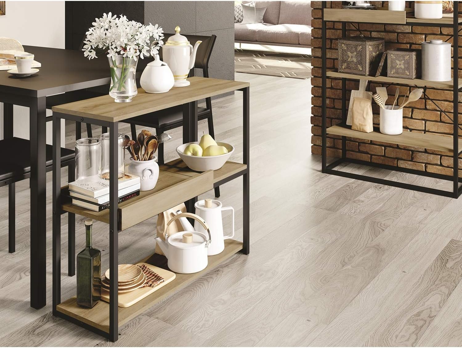 Casabianca Furniture Noa Console Table in Oak Melamine with Black Painted Metal Frame.