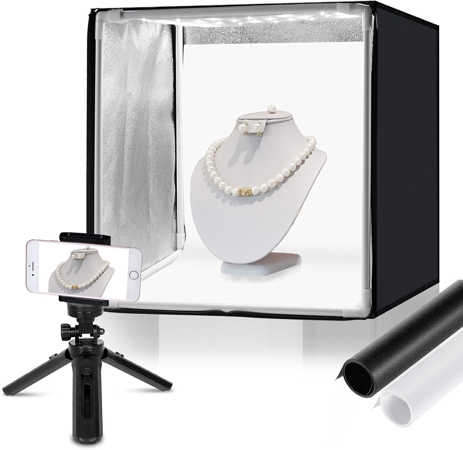 Meking 16x16in Photo Light Box Photography Professional Studio Shooting Tent Kit with Dimmer, Movable LED Lights, Phone Tripod and Backdrops, for Table Top Food & Product Photography Pack of 2