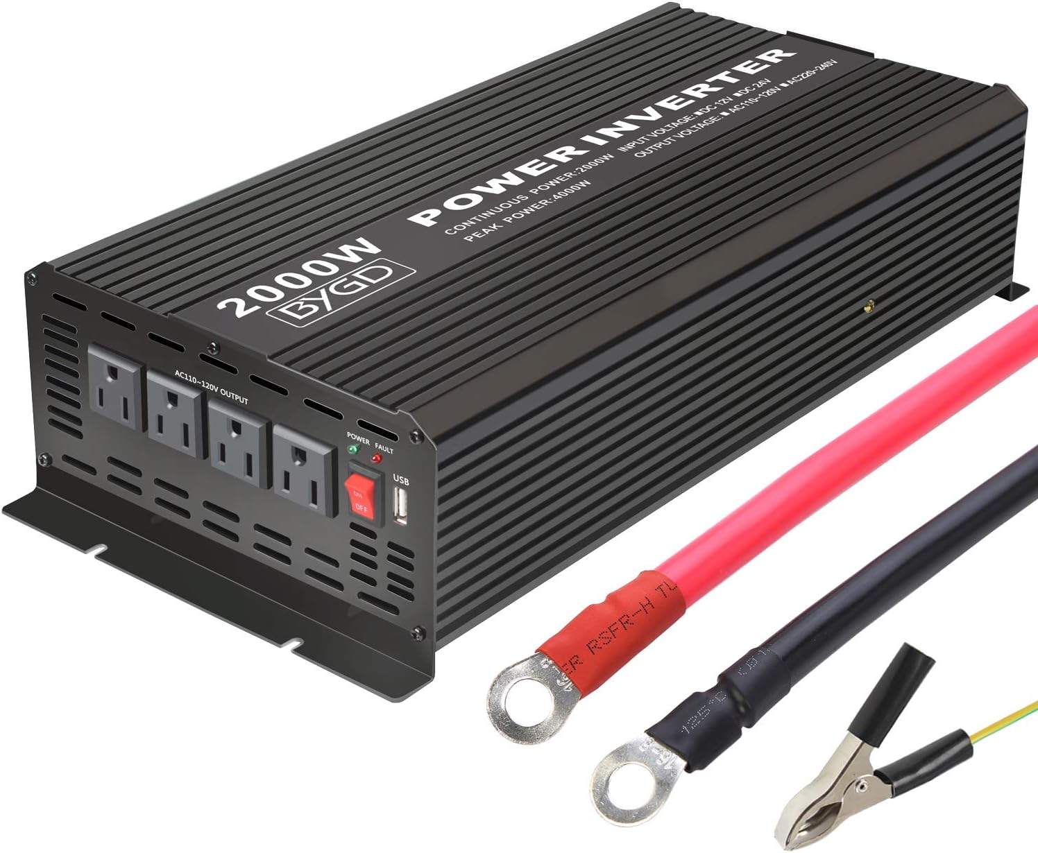 BYGD 2000W Power Inverter 12V to 110V DC to AC Converter Modified Sine Wave Inverter with 4 AC Outlets 2.1A USB Ports for Car RV Truck Boat
