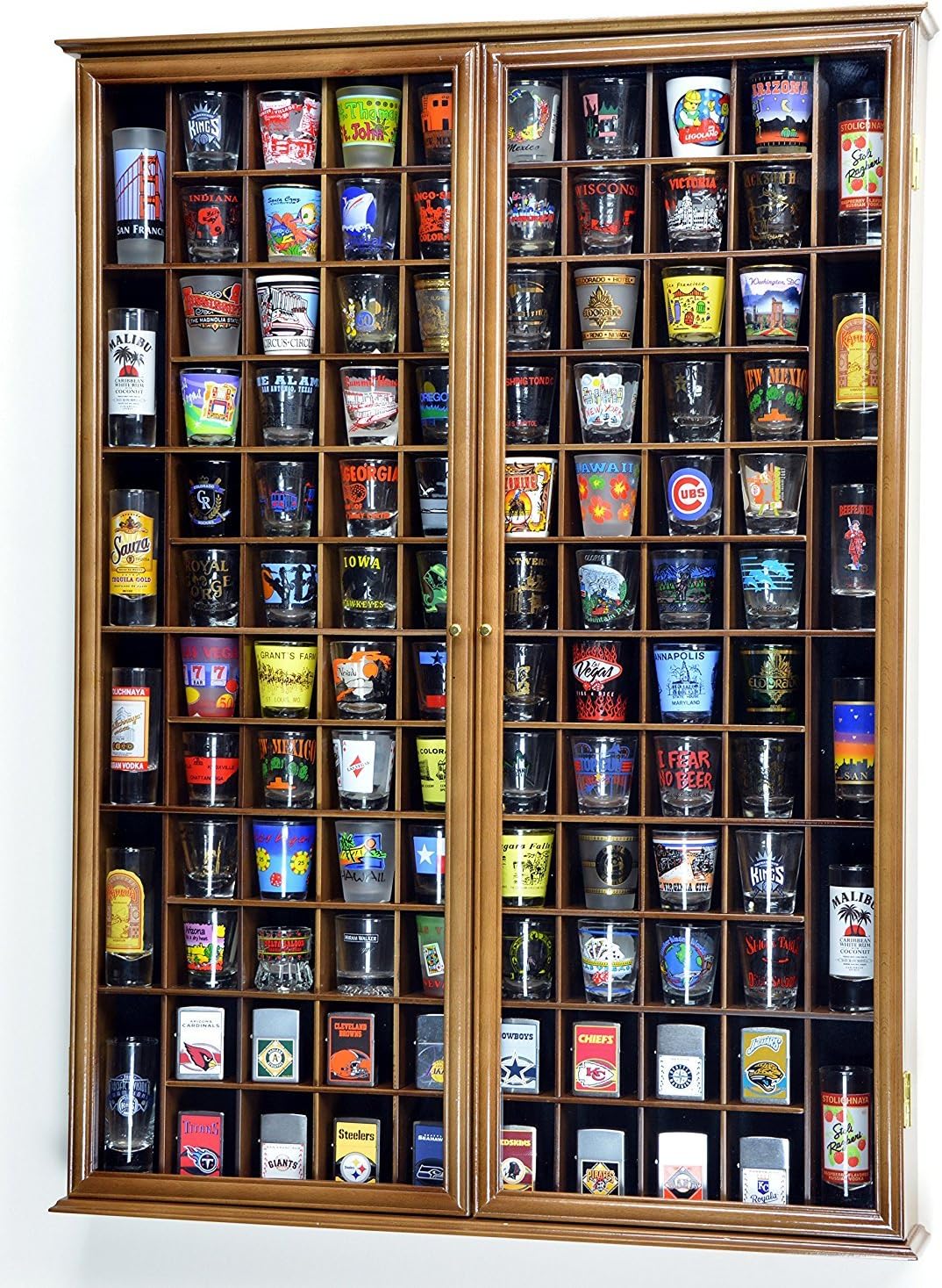 108 Shot Glass Shotglass Shooter Display Case Holder Cabinet Wall Rack 98% UV Lockable Door -Walnut