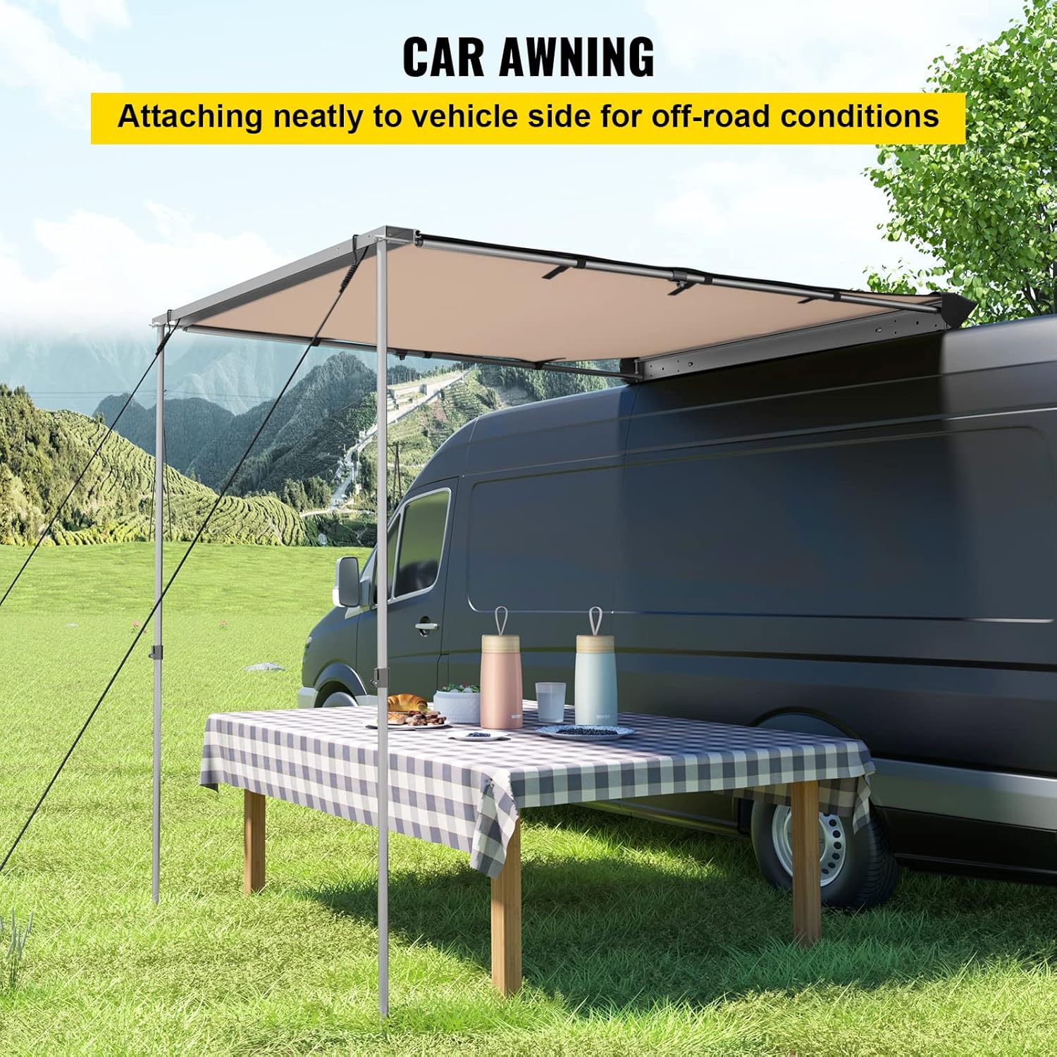 VEVOR Car Side Awning, 5'x6.5', Pull-Out Retractable Vehicle Awning Waterproof UV50+, Telescoping Poles Trailer Sunshade Rooftop Tent w/ Carry Bag for Jeep/SUV/Truck/Van Outdoor Camping Travel, Khaki