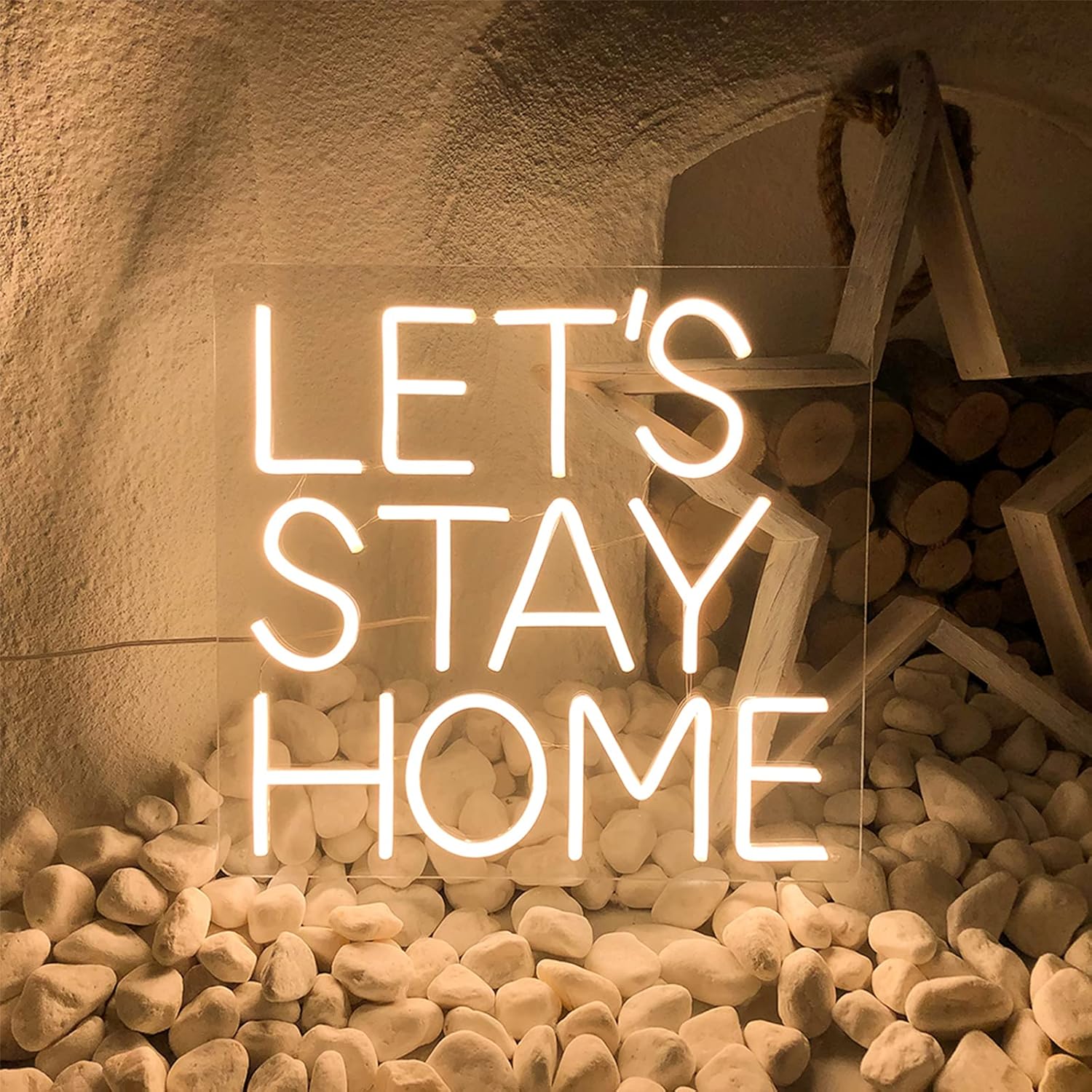 Lets Stay Home Neon Signs-USB Acrylic LED Lights Signs Bachelorette Backdrop Bedroom Wall Indoor Decor Flex 14.9×14.1 IN LED Neon Light Sign Girlfriend Christmas Wedding Living Room Office Warm White