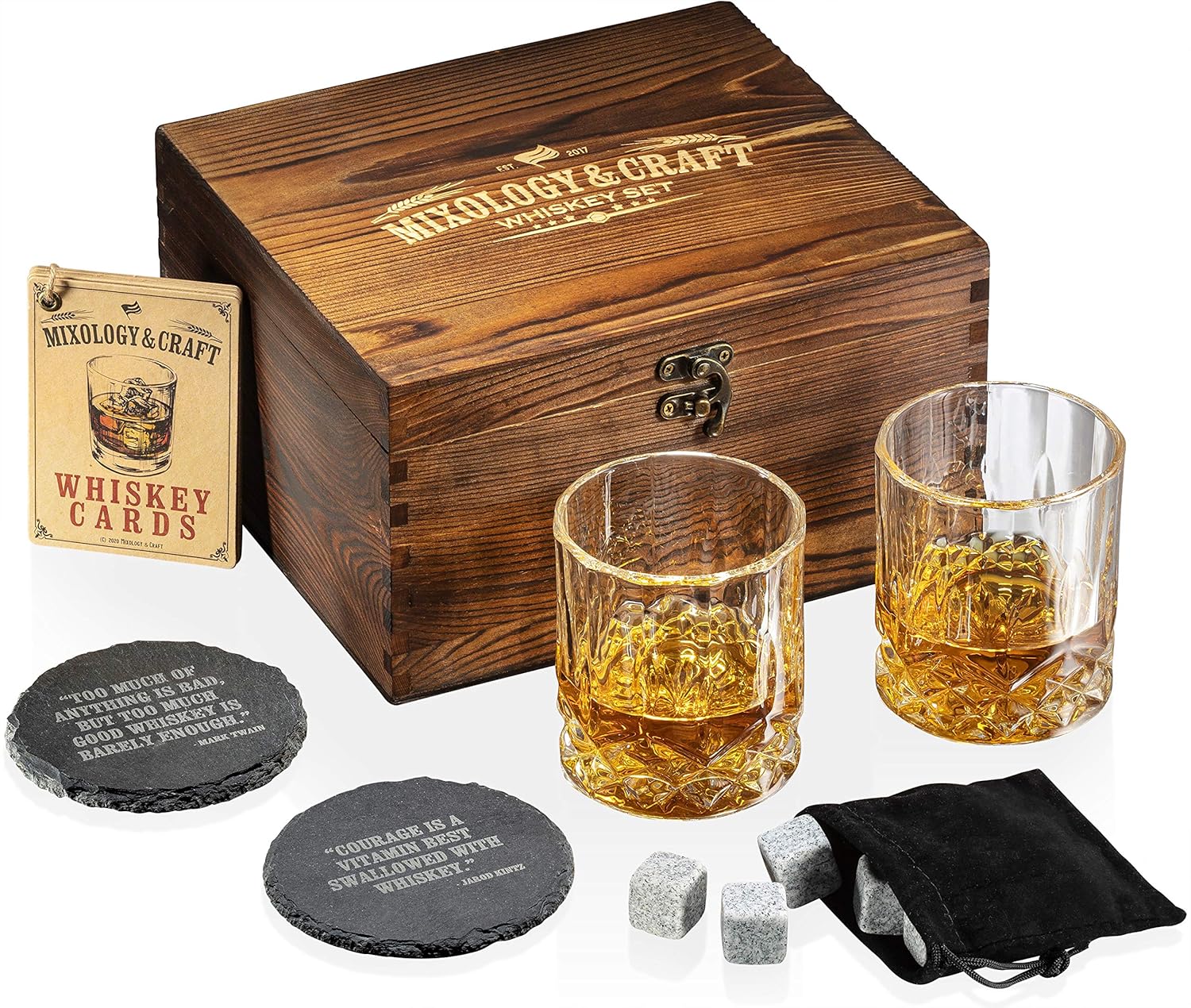 Mixology & Craft Whiskey Stones Gift Set for Men - Pack of 2, 10 oz Whiskey Glasses w/ 8 Granite Chilling Rocks, 2 Slate Coasters, Cocktail Cards in Rustic Wooden Crate Pack of 2