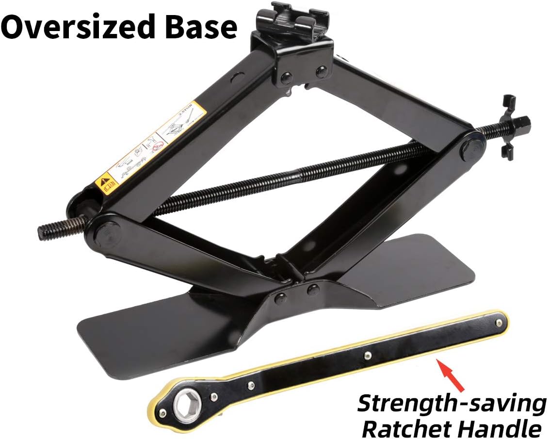 LEADBRAND Black Steel Scissor Jack, 2.5 tons (5,511lbs) Capacity, with Ratchet Handle, Oversized Base Pack of 2
