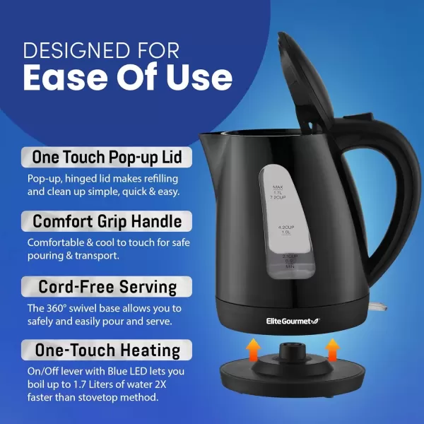 Coffee & Tea Kettles EKT-1271 Ultimate 1.7 Liter Electric Kettle &ndash; Stainless Steel Design & Cordless 360&deg; Base, Stylish Blue LED Interior, Handy Auto Shut-Off Function &ndash; Quickly Boil Water For Tea & More(Black)