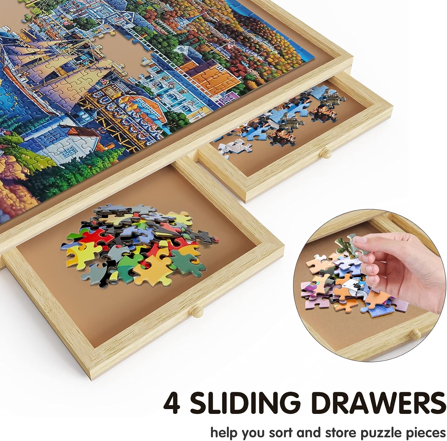1000 Piece Wooden Puzzle Board, 29 x 21 Inch Jigsaw Puzzle Boards and Storage, Plateau-Smooth Fiberboard Work Surface with 4 Sliding Drawers (1000 Piece)