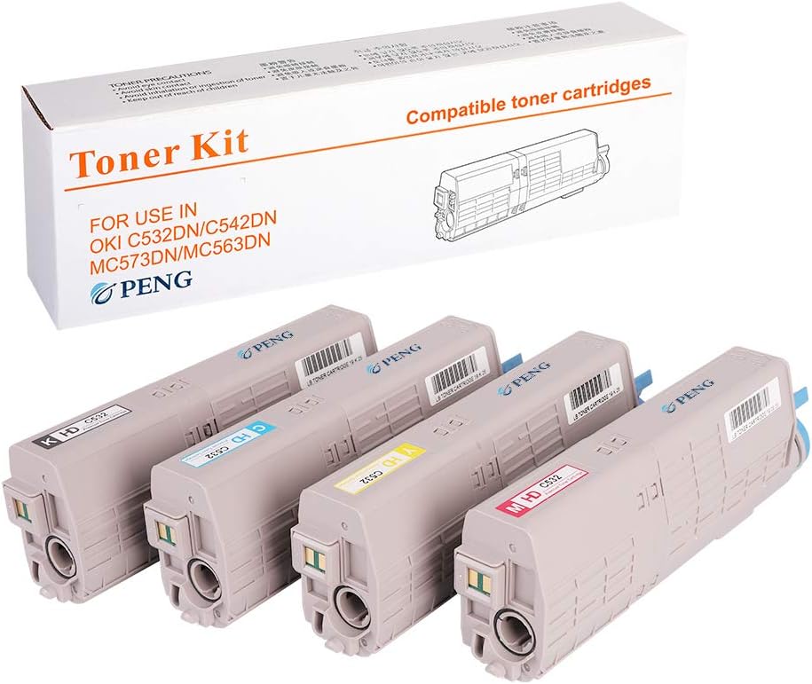 Compatible Toner cartridges for Oki Okidata C532 MC573 C532dn C542dn MC563dn MC573dn Printers 46490604, 46490603, 46490602, 46490601 High Yield BK/7K and CMY/6K Pages (4-Color Pack)