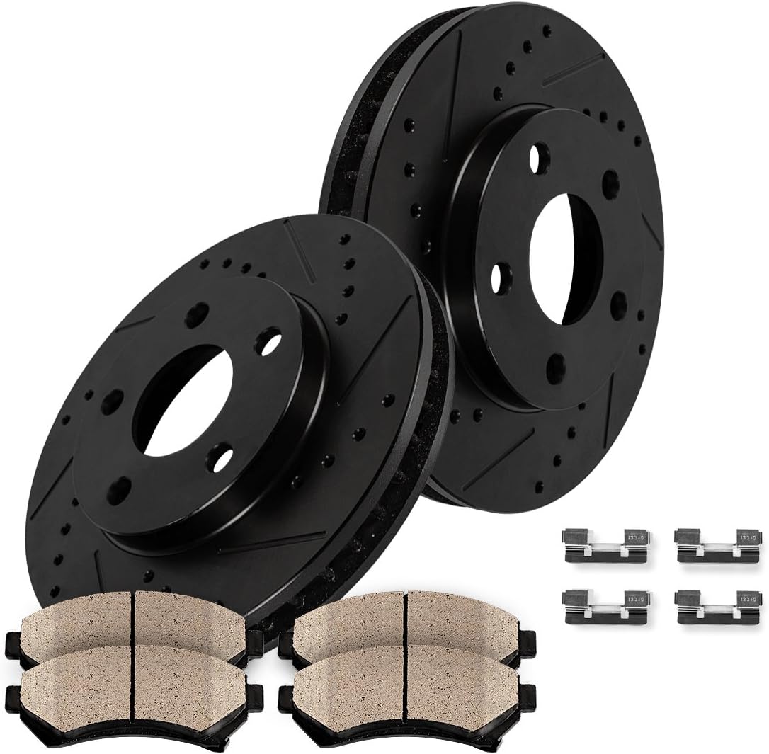 Callahan CRK14872 REAR 316 mm Black Drilled/Slotted 5 Lug [2] Brake Disc Rotors + [4] Ceramic Brake Pads + Pad Clips