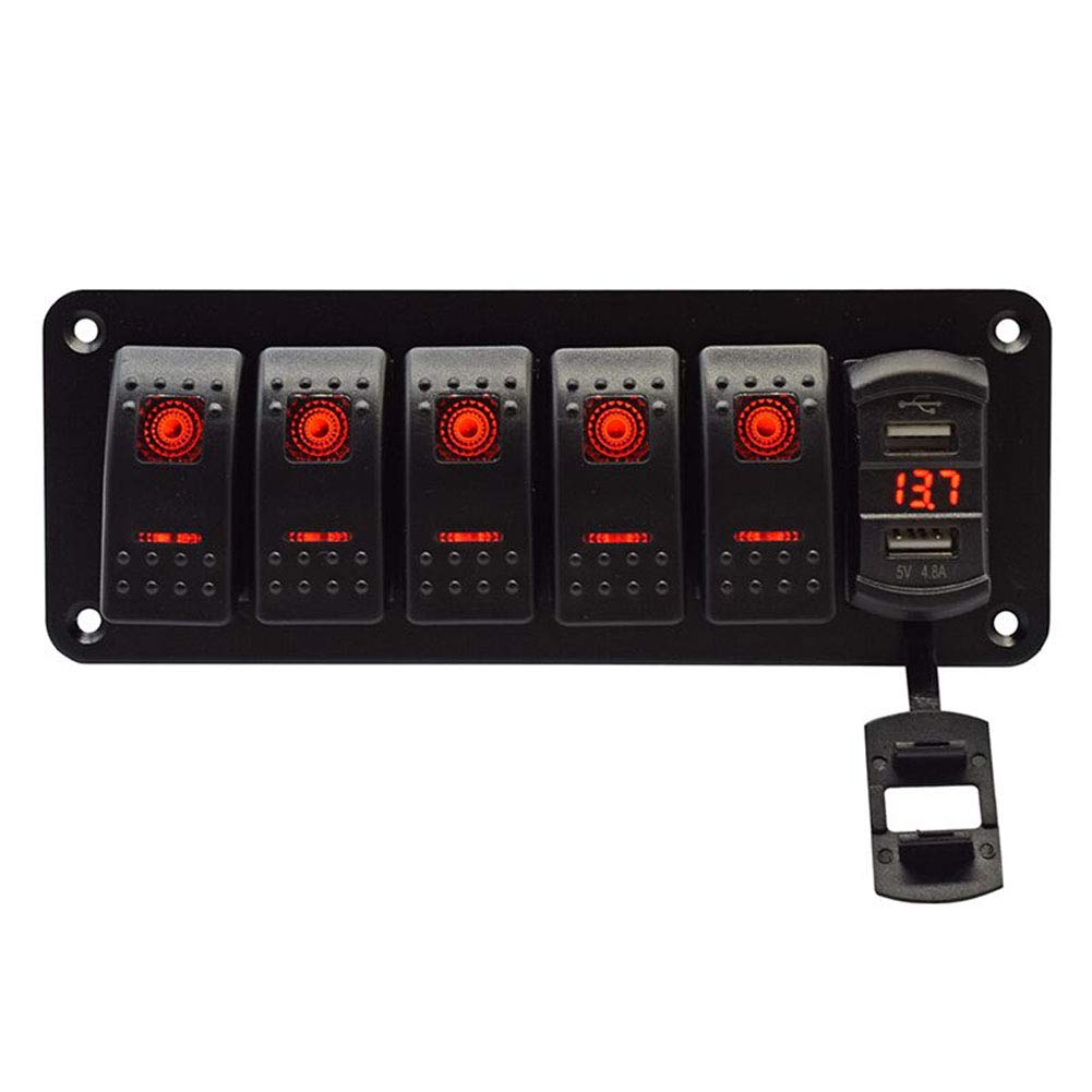 5 Gang Rocker Switch Aluminum Panel with 4.8 Amps Dual USB Rocker Style Fast Charger with Voltmeter Blue Backlit Led Pre-Wired for Marine Boat RV Truck (Blue) Pack of 2
