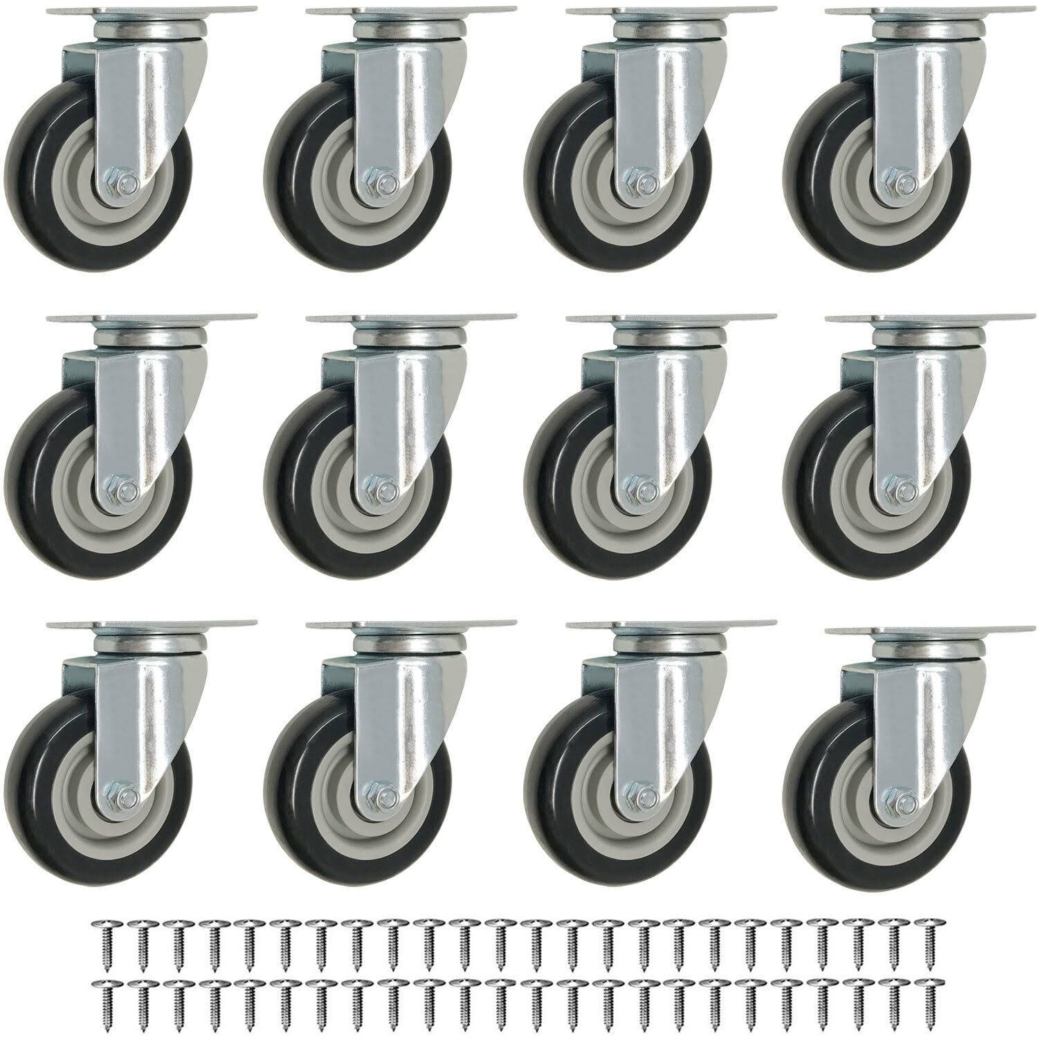 12 Pack Caster Wheels Swivel Plate on Black Polyurethane Wheels w/ Screws (3 inch Plate No BRAKE)