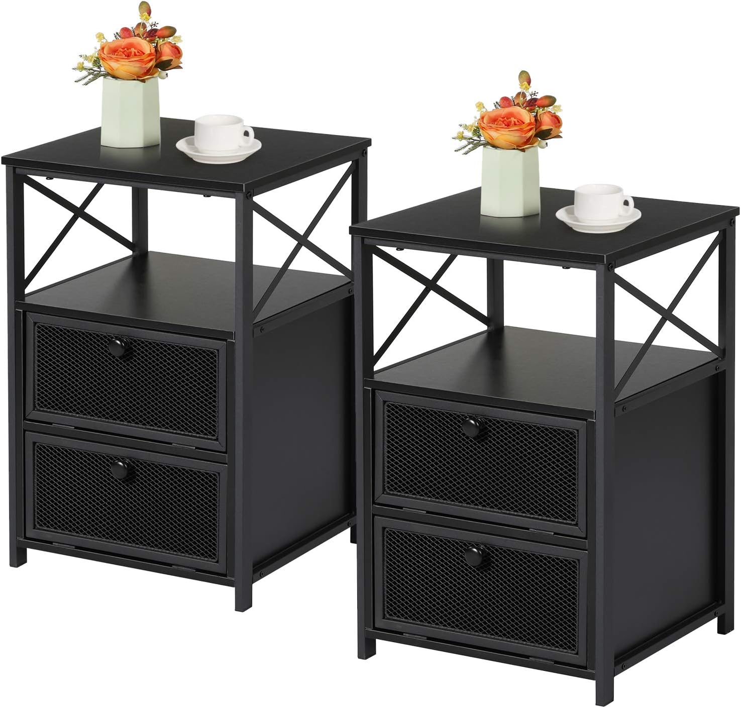 VECELO Modern Night Stand, End Side Table with Storage Space and Door, Nightstands with Flip Drawers for Living Room,Bedroom,Lounge,Set of 2, Rustic Brown