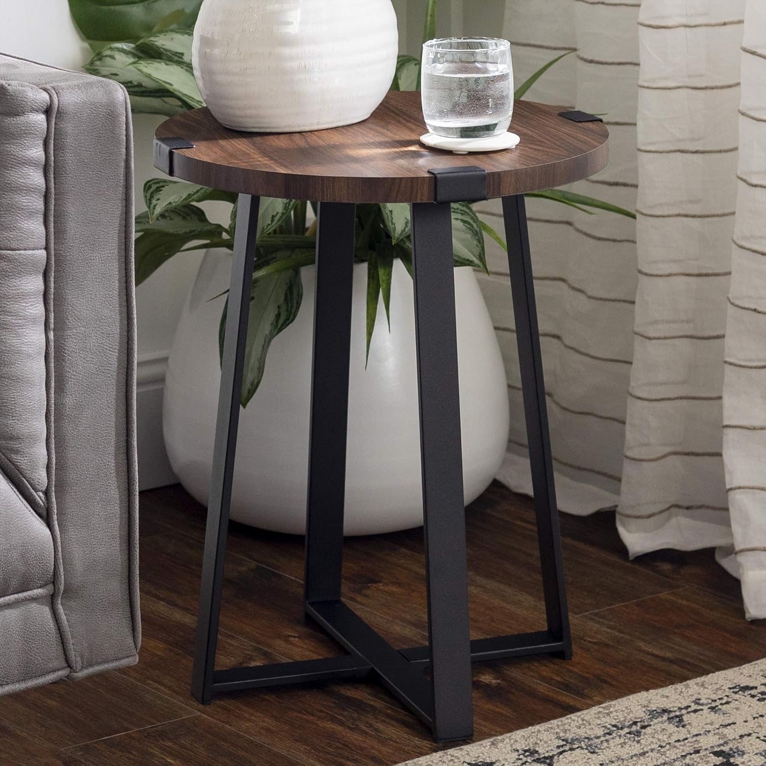 Walker Edison Anastasia Modern Metal Wrap X Base Accent Table, 18 Inch, Dark Walnut
