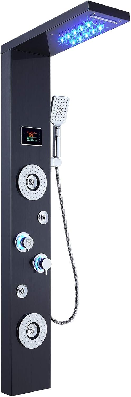 ELLO&ALLO Stainless Steel Shower Panel Tower LED Head 6-Function Shower Faucet Rain Massage System with Body Jets, Black,6 Modes