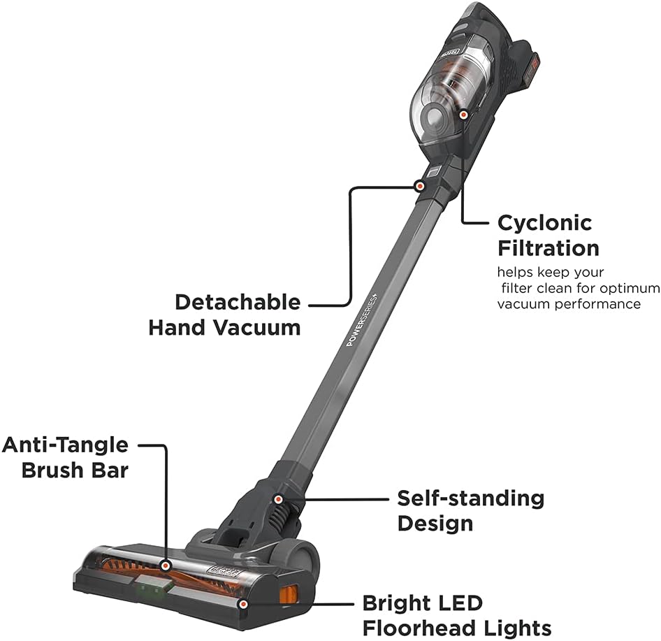 BLACK+DECKER POWERSERIES+ 20V MAX Cordless Stick Vacuum with LED Floor Lights, Lightweight, Removable Battery (BHFEA18D1) , Gray