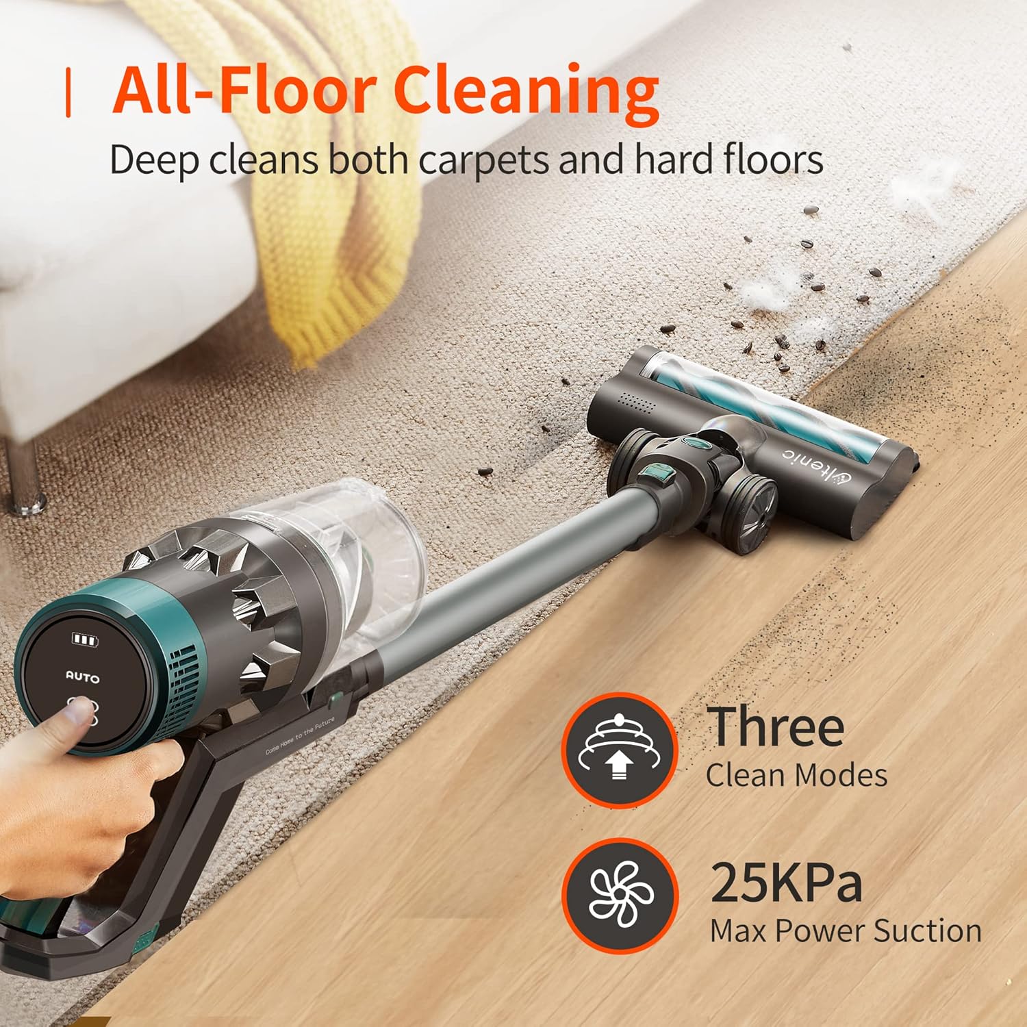 Ultenic U11 Pro Cordless Vacuum Cleaner, 25KPa Strong Suction, Touch Control, Easy-Empty Dustbin, 2200mA Detachable Battery, Fast Charge, 4 in 1 Stick Vacuum for Carpet, Hard Floor and Pet Hair