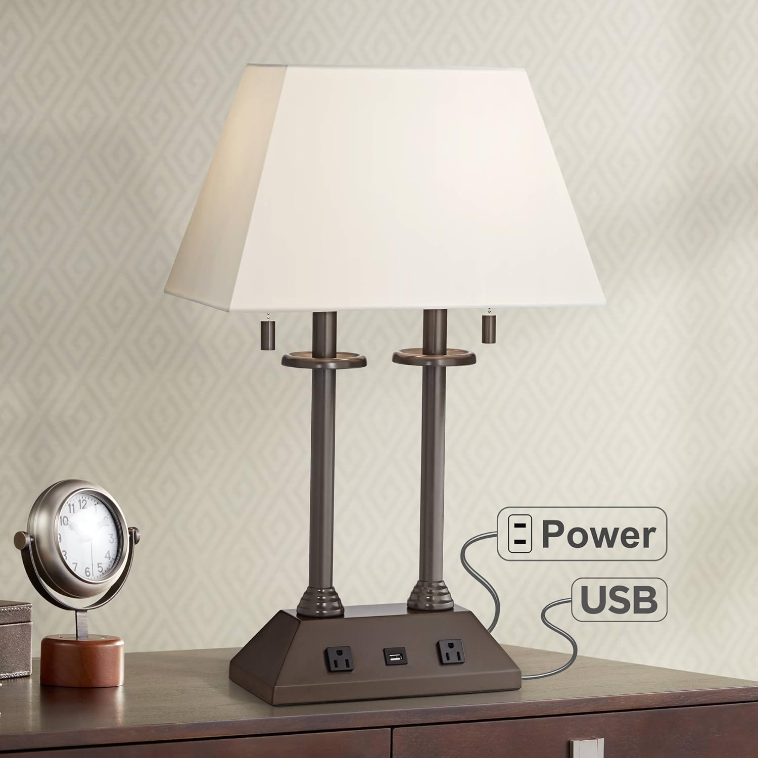 Charlton Traditional Desk Table Lamp with Hotel Style USB and AC Power Outlet in Base Bronze Rectangular Fabric Shade for Living Room Bedroom House Bedside Nightstand Home - Regency Hill