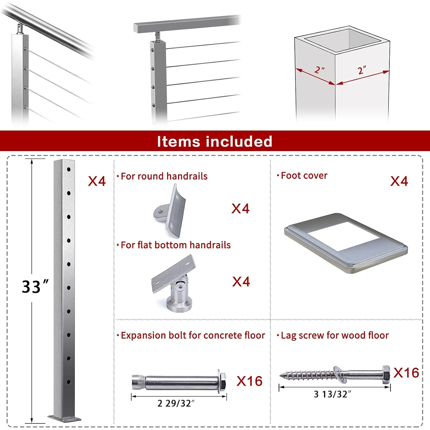 Muzata 4pack Cable Railing Post Square 36