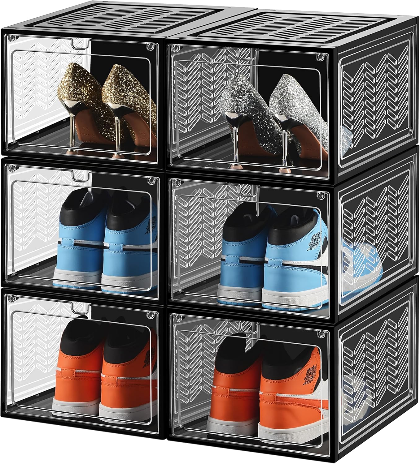 Starogegc Hard Plastic Magnetic Drop Front Shoe Storage Box, Luxury Clear Shoe Organizer Containers 6 Pack (X-Large) Stackable, Sneaker Collection and Display Case-L14.2xW11.2xH8.5(inch)-Black & Clear