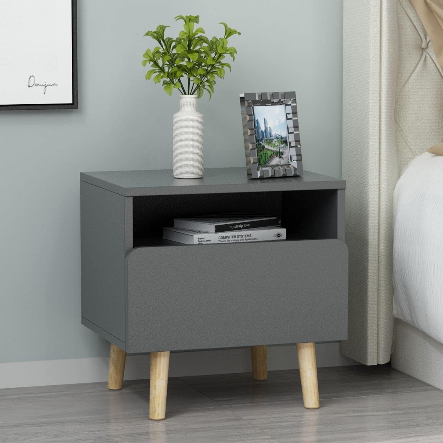 FAMAPY Nightstand with Wooden Legs for Bedroom, End Table Bedside Table with Drawer & Shelf Black (15.5&rdquo;L x 11.6&rdquo;W x 18.4&rdquo;H)