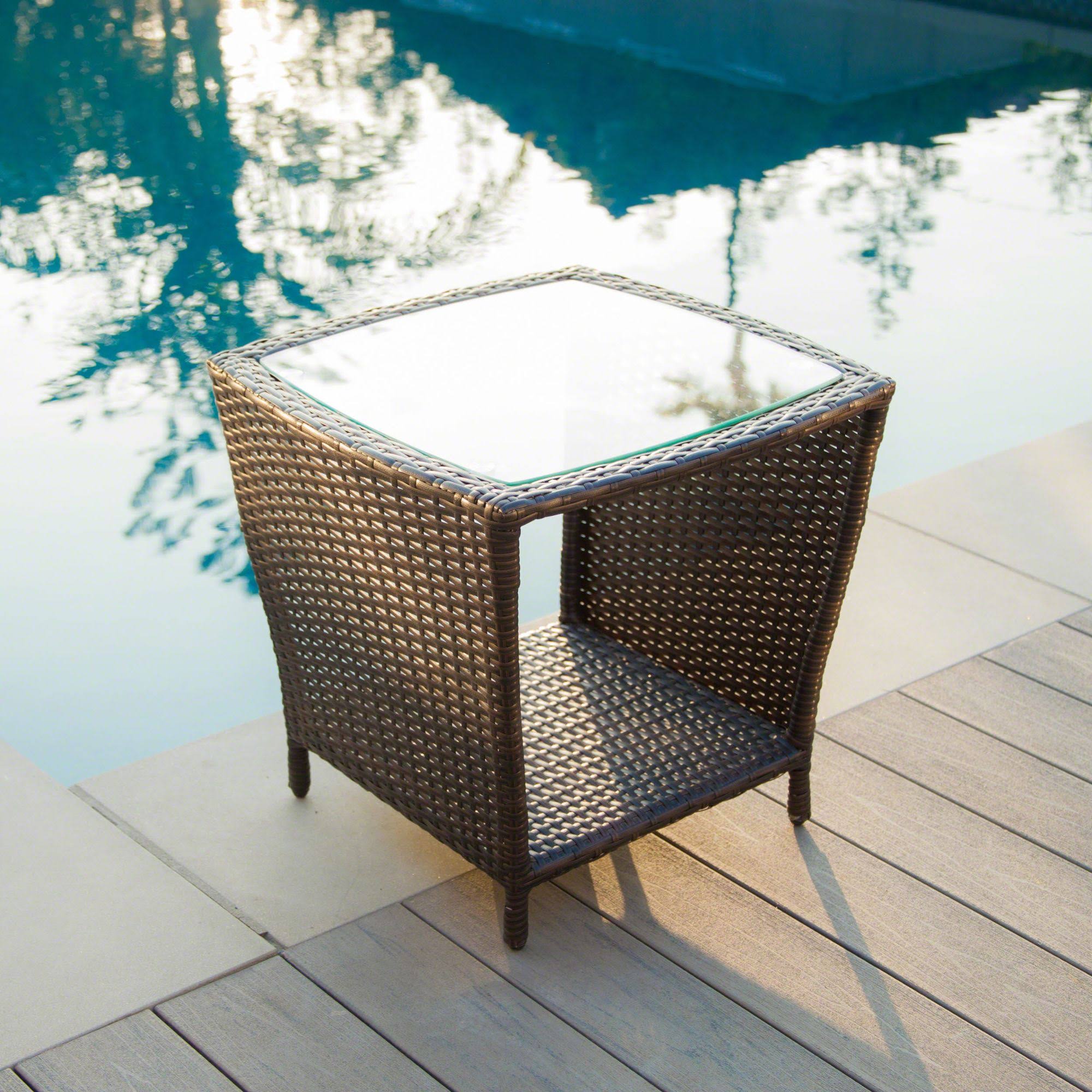 20.5x22 Brown and Clear Contemporary Wicker Outdoor Patio Accent Table