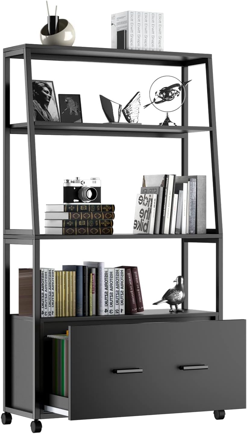 Rimdoc File Cabinet with Drawer, Office Filing Cabinet for Letter/Legal/A4 File Size, Hanging File Folders, Rolling Storage Cabinet Printer Stand with Open Storage Shelves for Home Office, Black