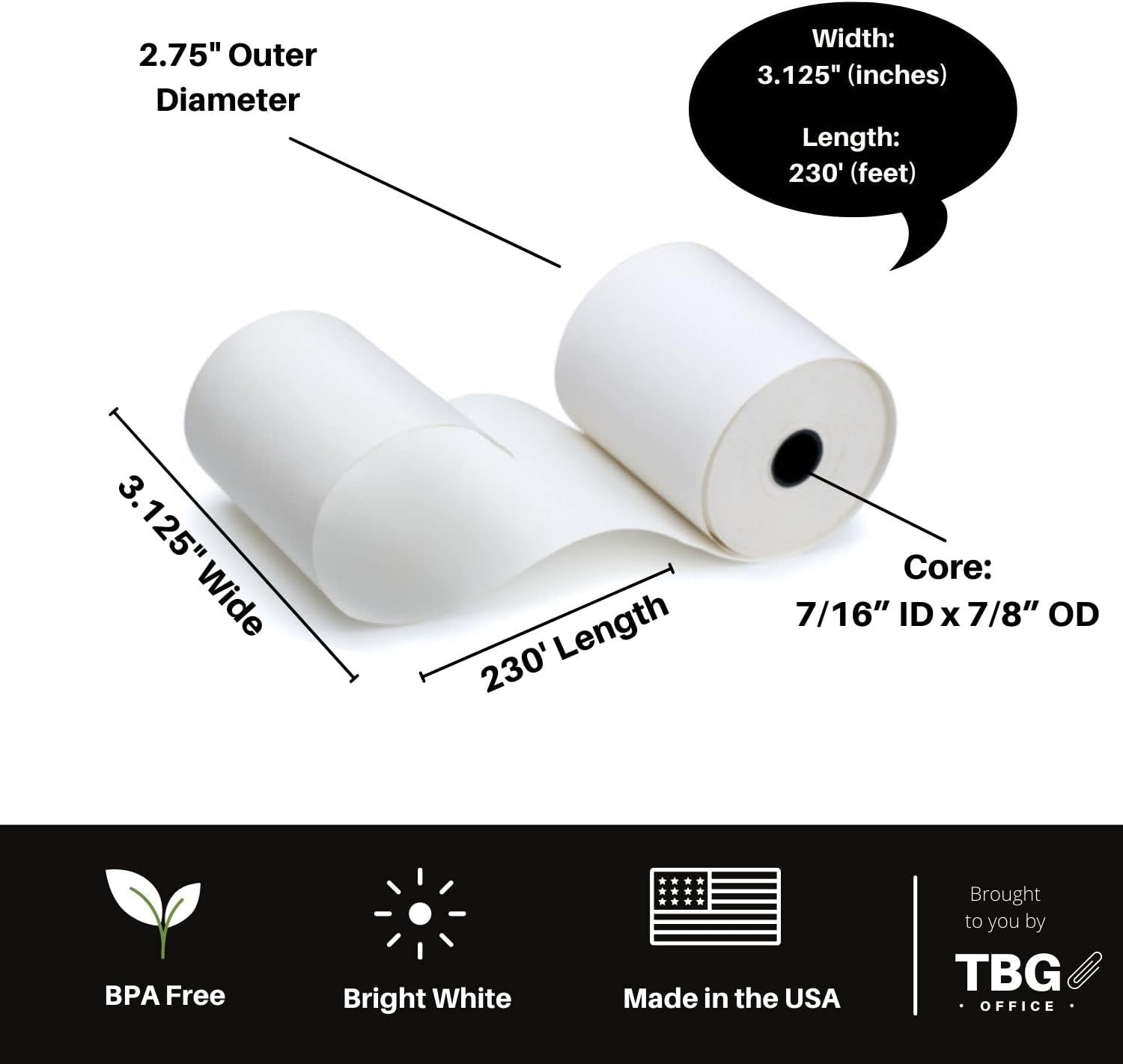 3 1/8” x 230' Thermal Paper Rolls - BPA FREE AND MADE IN THE USA – Receipt paper rolls – Point of Sale Cash Register - Thermal printer paper - Credit Card Paper - for POS systems (1 Case - 30 Rolls) Pack of 2