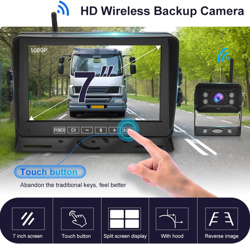 Digital Wireless Backup Camera System Kit IP69 Waterproof Wireless Rear View Camera HD 1080P with 7&ldquo; TFT LCD Monitor and Super Night Vision for Car,Trucks,RV,Travel Trailer,Camper Van