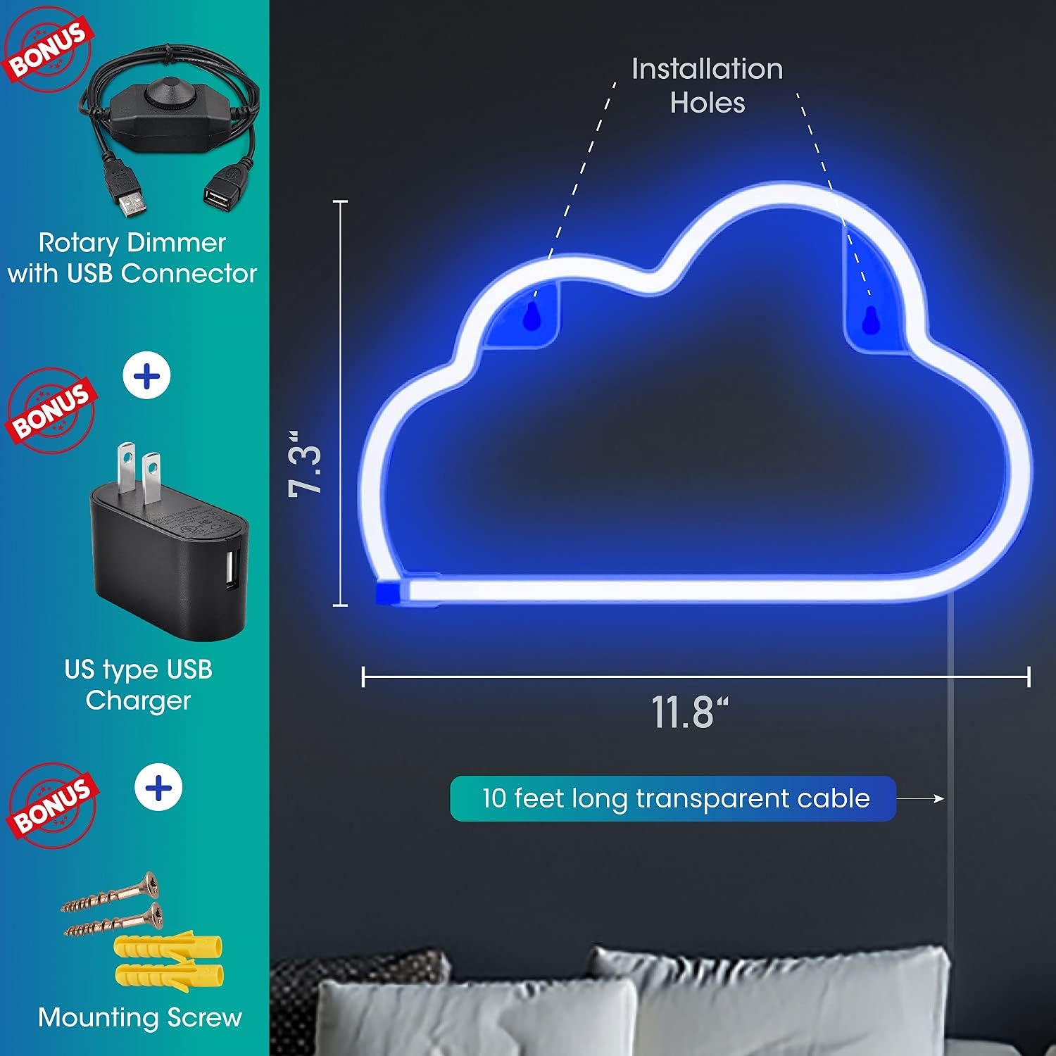 Elysian Vibes 17” x 9” Dream LED Neon Signs for Wall Decor with Dimmer. Cool LED Signs for Bedroom. Room Decor Lights, Blue Pack of 2