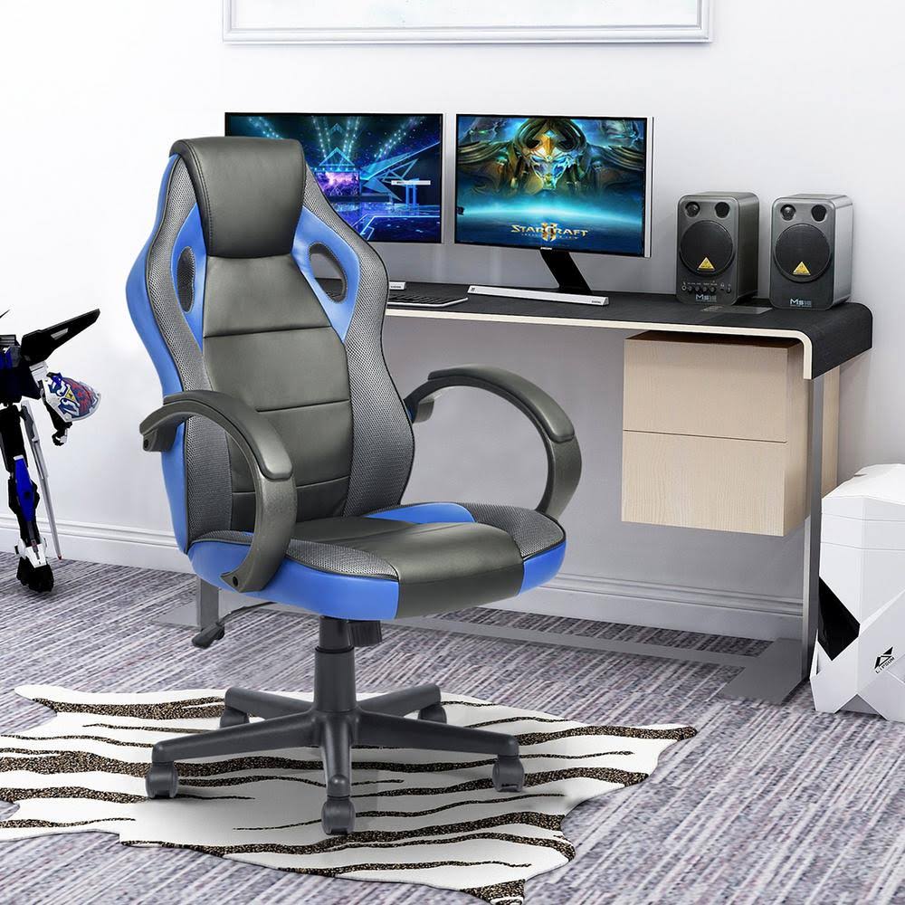 Furniturer Tunney Blue PU Racing Gaming Chair, Black Blue